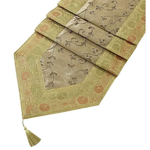 Stylo Culture Indian Dining Table Runner Embroidered Zari Tassels 72 Inch Gold Grey Bohemian Brocade Jacquard Bordered 6 ft Elegant Decorative 14 Inches Wide Ethnic Wedding Reception Party Decor