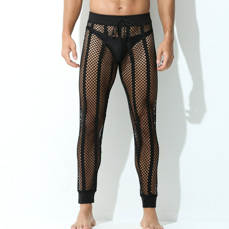 XFLWAM Men's Mesh Fishnet Pants Sexy See Through Leggings Drawstring  Striped Workout Sweatpants Black L 