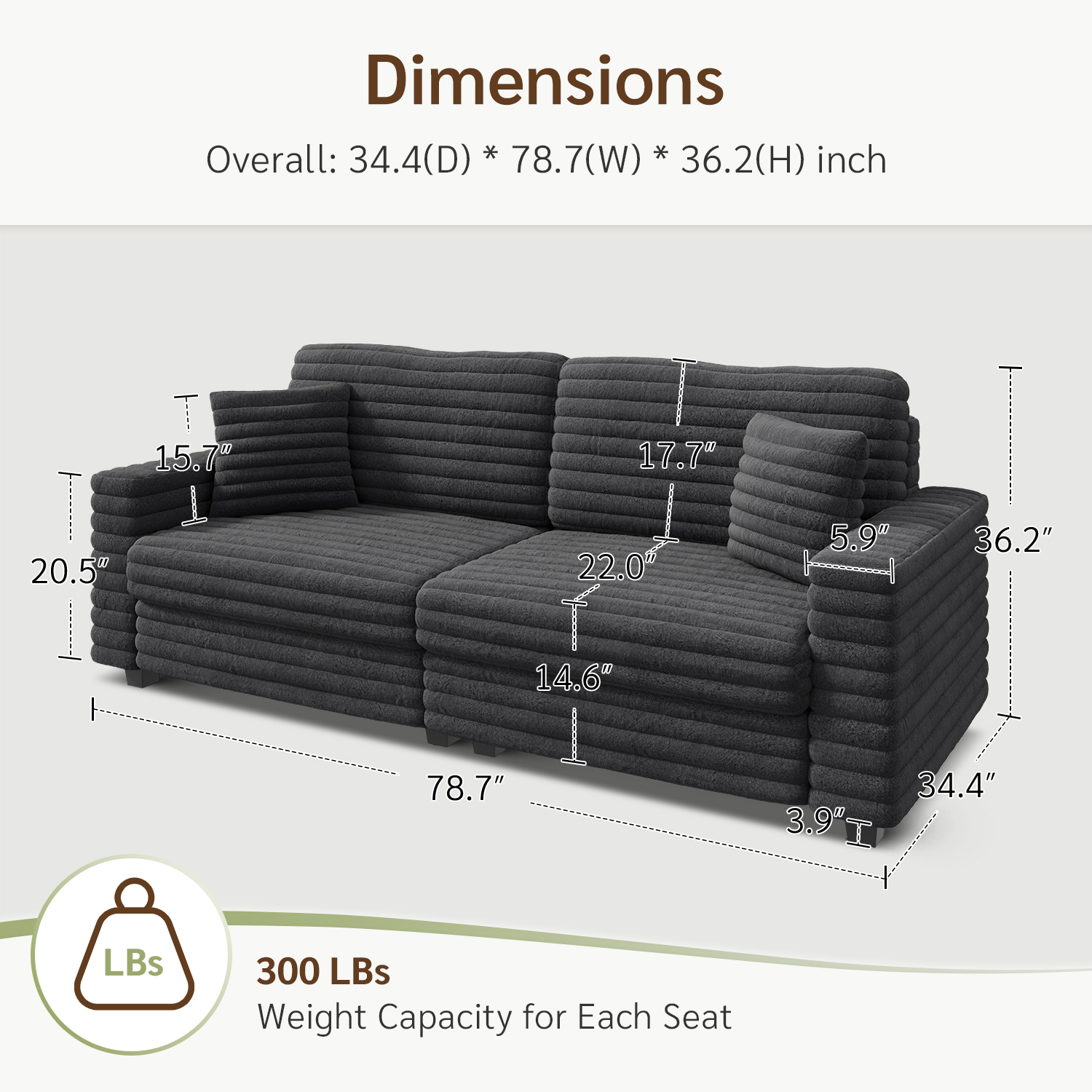 Marrber 79” Oversized Plush Corduroy Loveseat Cloud Sofa, Comfy Extra Deep Seat with Two Pillows and Wide Armrests for Living Room, Apartment, Sturdy, Gray