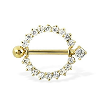 - 14K Real Yellow Gold Gemmed Nipple Ring With Jeweled Barbell, 14 Ga