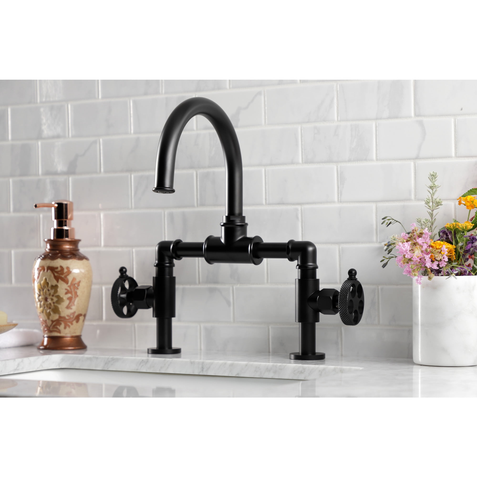 Kingston Brass KS2170RKX Webb Bridge, Matte Black Bathroom Faucet with Knurled Handle and Push Pop-up Drain