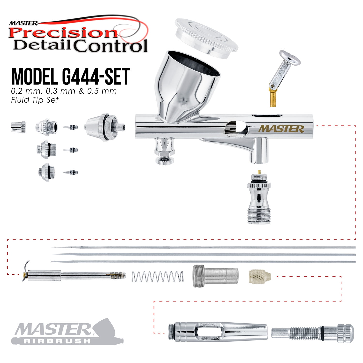 Master High Precision G444 Pro Set Dual-Action Gravity Feed Airbrush Set with 3 tips (0.2, 0.3 & 0.5 mm), 1/3 oz Funnel Cup, Air Control