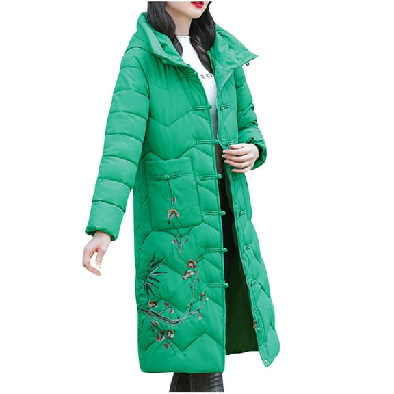 Cutuoiiu Women's Mid To Long Style Pan Mouth Quilted Jacket Embroidered with Thickened Warm Jacket Gifts