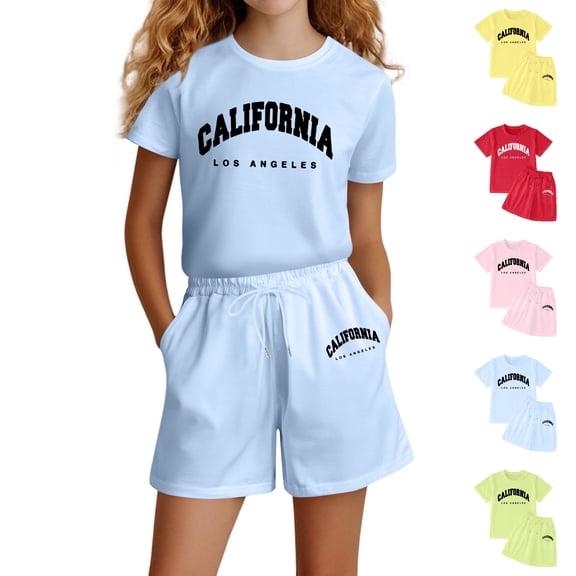 WELOIJEVBE Girls Spring Summer Two Piece Set Casual Active Short Sleeve Performance Tops and Shorts for Child Girl clothes for Girls 7-8 Years
