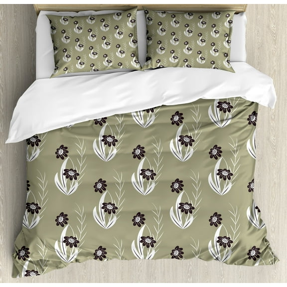 Floral Duvet Cover Set, Flowers Tiny Branches Leaves Dotted Blooms Pattern Garden Theme, Decorative 3 Piece Bedding Set with 2 Pillow Shams, Calking Size, Khaki Dark Brown Cream, by Ambesonne