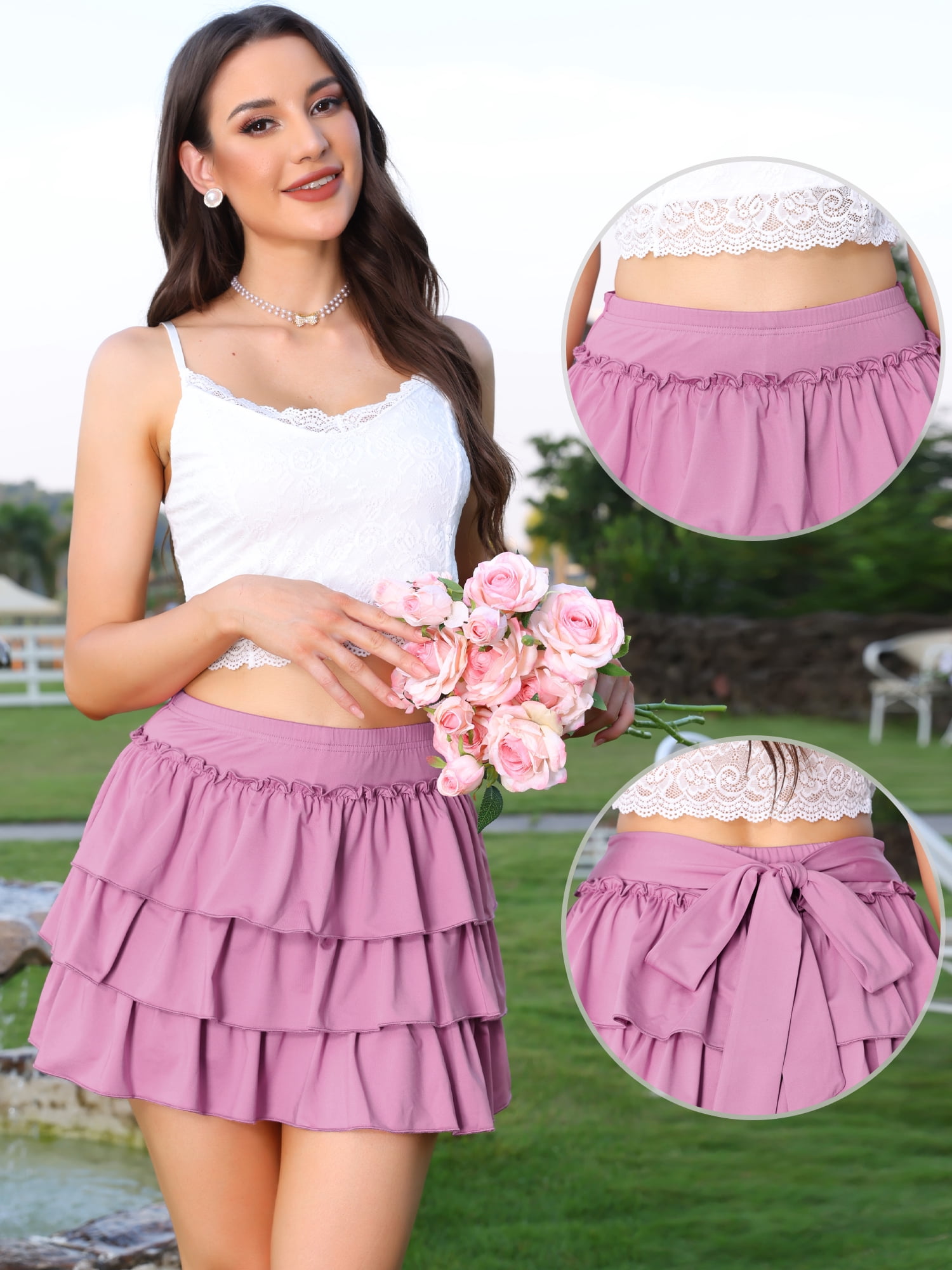 DARING DIVA Women's Summer Elastic Ruffle Hem Pleated Flowy X-Small Pink Purple