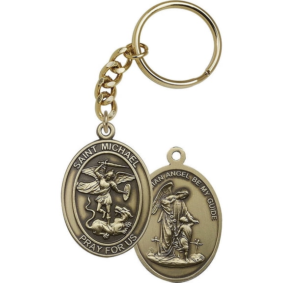 Antique Gold-Plated St. Michael the Archangel Keychain 1 7/8 x 1 1/4 inches