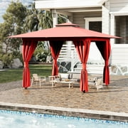 Erommy Outdoor Gazebo 10'x10', Double Roof Patio Gazebo with Mosquito Nettings and Privacy Screens,Wine Red