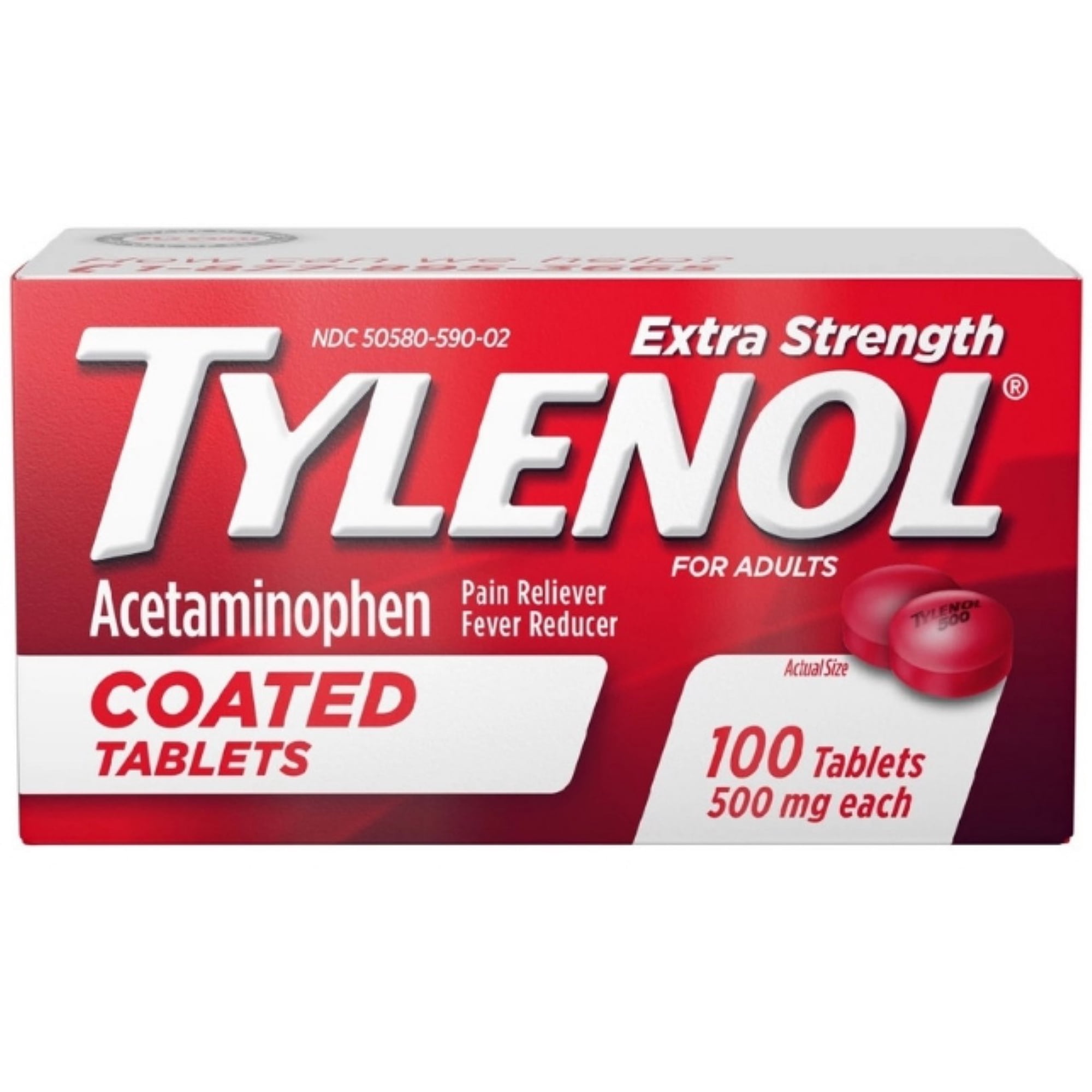 TYLENOL Extra Strength Acetaminophen Adult Pain Relief & Fever Reducer Coated Tablets, 100 ea (Pack of 2)