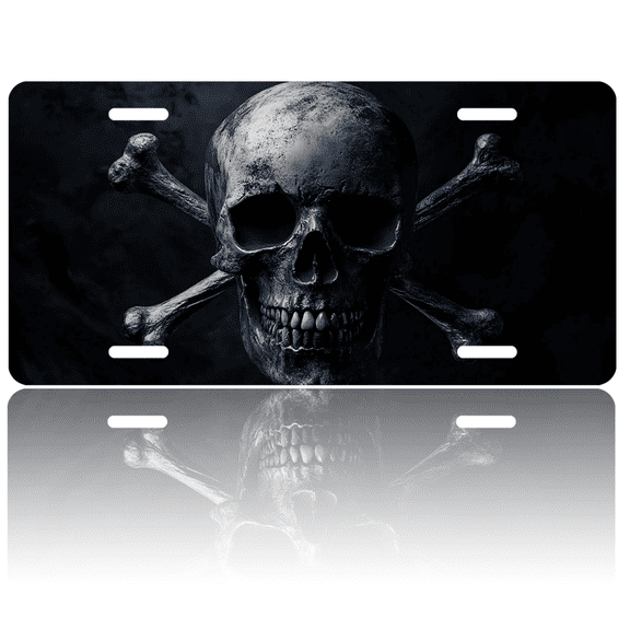 1 Pcs License Plate Covers & Frames, Dark Metallic Skull and Crossbones For Decorative Front, Aluminum License Plate Covers & Frames Cover For Men Women, 12" X 6"