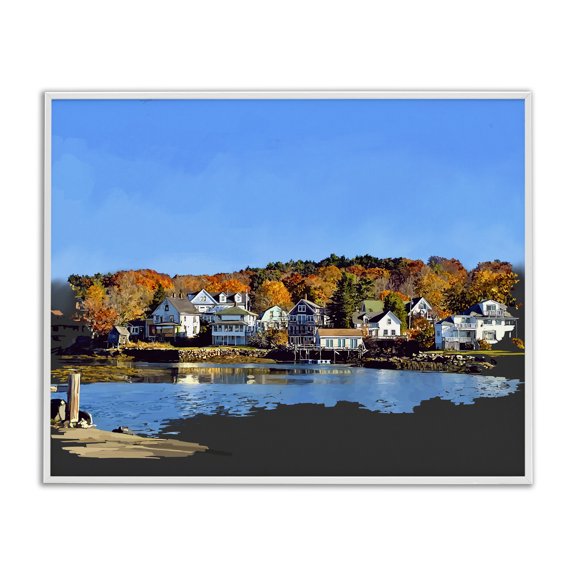 Stupell Industries Modern Autumn Lake Dock Foliage White Framed Giclee Art, 30 x 24, by Emily Kalina