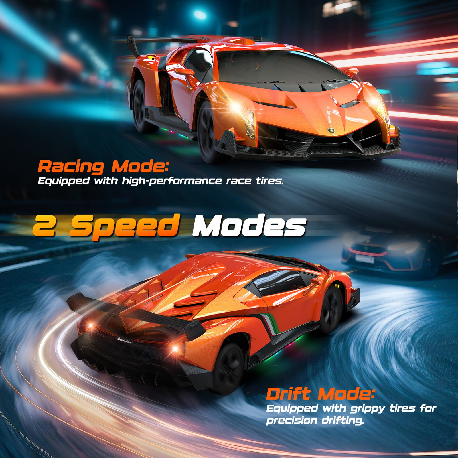Lamborghini Remote Control Car Toy, Officially Licensed RC Drift Car 15Km/h with Underglow & Headlights, 1:24 Scale 2.4GHz, 2 Batteries 60 Min Play, RC Gift Toy for Boys & Girls Ages 3-12 & Adults