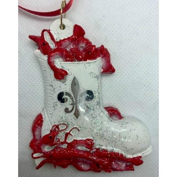 holidays R Us White Shrimp Boots Christmas Red Fleur de Lis Tree Ornament New Orleans Louisiana Cajun Creole Shrimp Boil Gift Bag