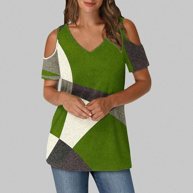 Soki Womens Tops Color Blocked Printed Short Sleeved V-Neck Off Shoulder Fashionable Summer Clothes