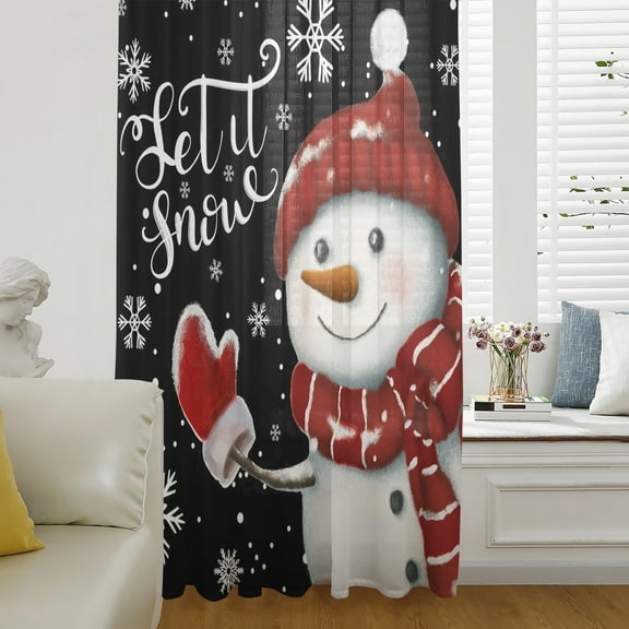 Christmas Snowman Semi Sheer Curtains Drapes for Living Room, Bedroom, French Doors Window 63 Inches Long, Xmas Winter Snowflake Classic Black Rod Pocket Chiffon Curtain Drapery Voile Drape Panel
