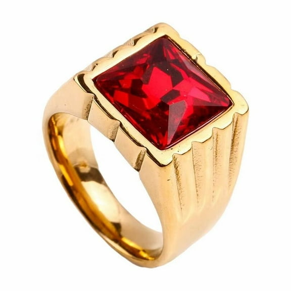 PAMTIER Unisex Stainless Steel Vintage Classic Square Cut Red Gemstone Signet Ring Rhinestones Statement Wedding Band Comfort Fit Gold Size 7