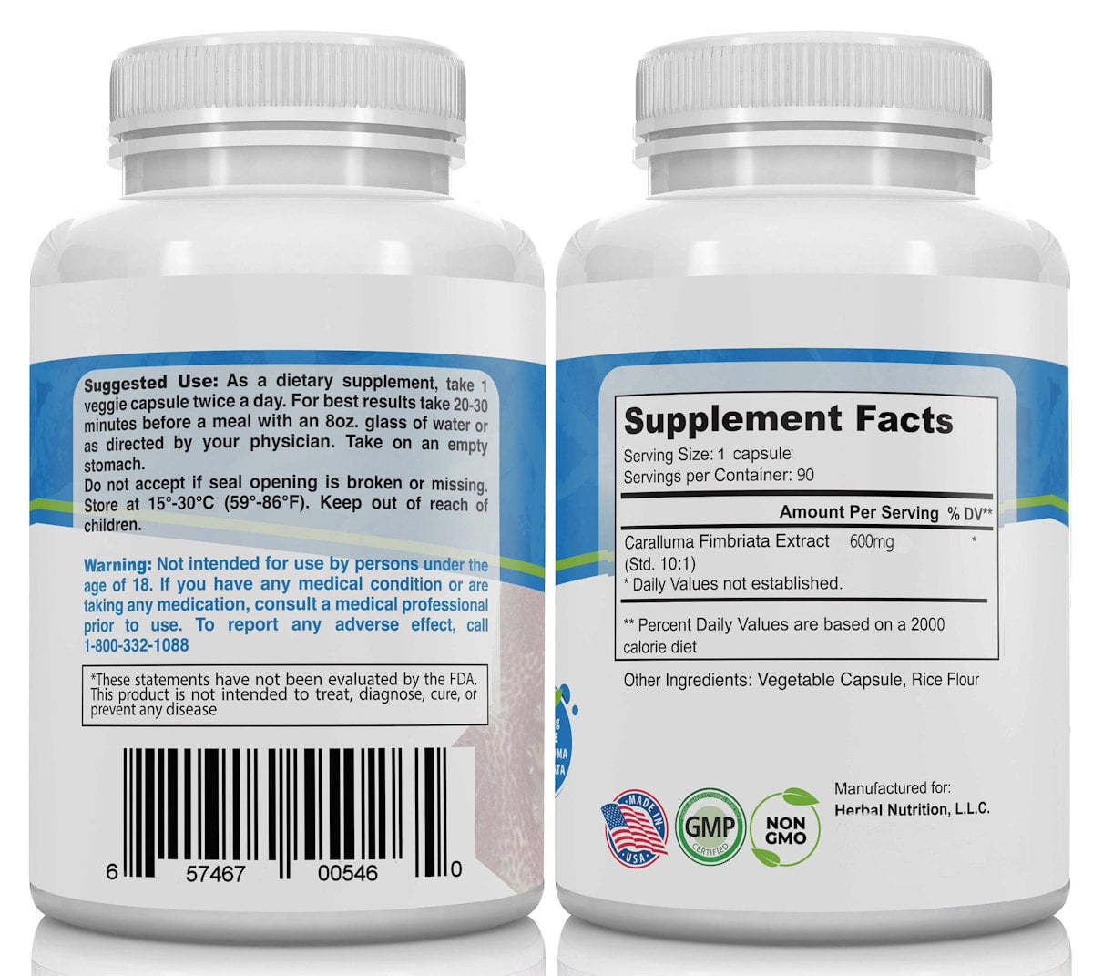 Caralluma Fimbriata 1200mg Herbal Nutrition Brand Two 90 Count Bottles! Weight Loss Supplement