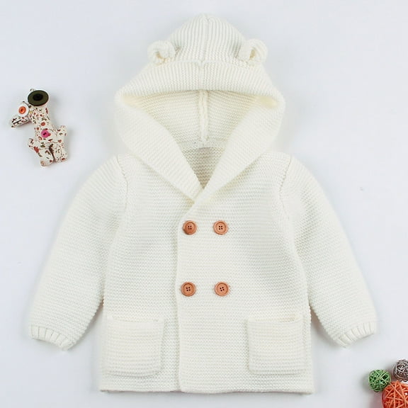 QUYUON Infant Baby Sweaters Cardigan Toddler Boys Girls Knitted Button up V-Neck Long Sleeve Hooded Jackets Outerwear Coats with Pockets Warm Thicken Hoodie Jacket Winter Sweater White 90
