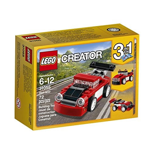 kit de construcción lego creator red racer 31055 3 en 1: caja frontal con coche deportivo rojo y capó negro, faros redondos, alerón trasero ajustable y motor trasero; muestra reconstrucciones a grúa y coche de carreras, 72 piezas, recomendado 6-12 años; también suele usarse como set compacto para display en estanterías.