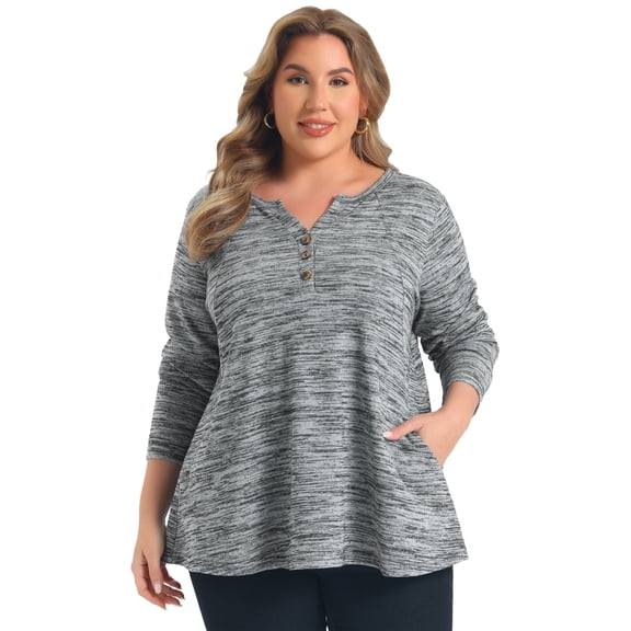 DARING DIVA Women's Plus Pocket Notch Neck Long Sleeve Blouses 1X Gray