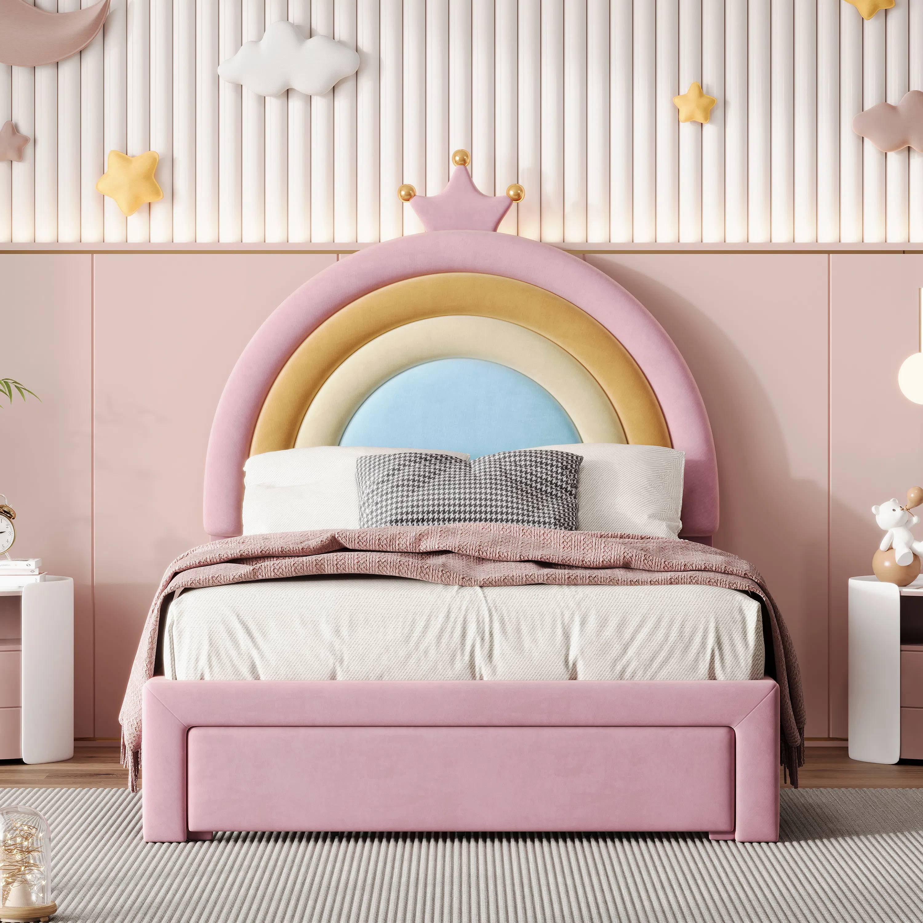 MODERNLUXE Twin Size Platform Bed Frame,Velvet Upholstered Rainbow Bed Frame with 2 Storage Drawers and Wooden Slats Support,No Box Spring Needed,Easy Assembly,Pink