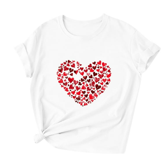 WZXFASHION Valentines Day Shirts For Women 2025 Casual Crew Neck Short Sleeve T Shirts Fashion Heart Graphic Print Tee Tops Clearance Items Women's Short sleeve T-shirt