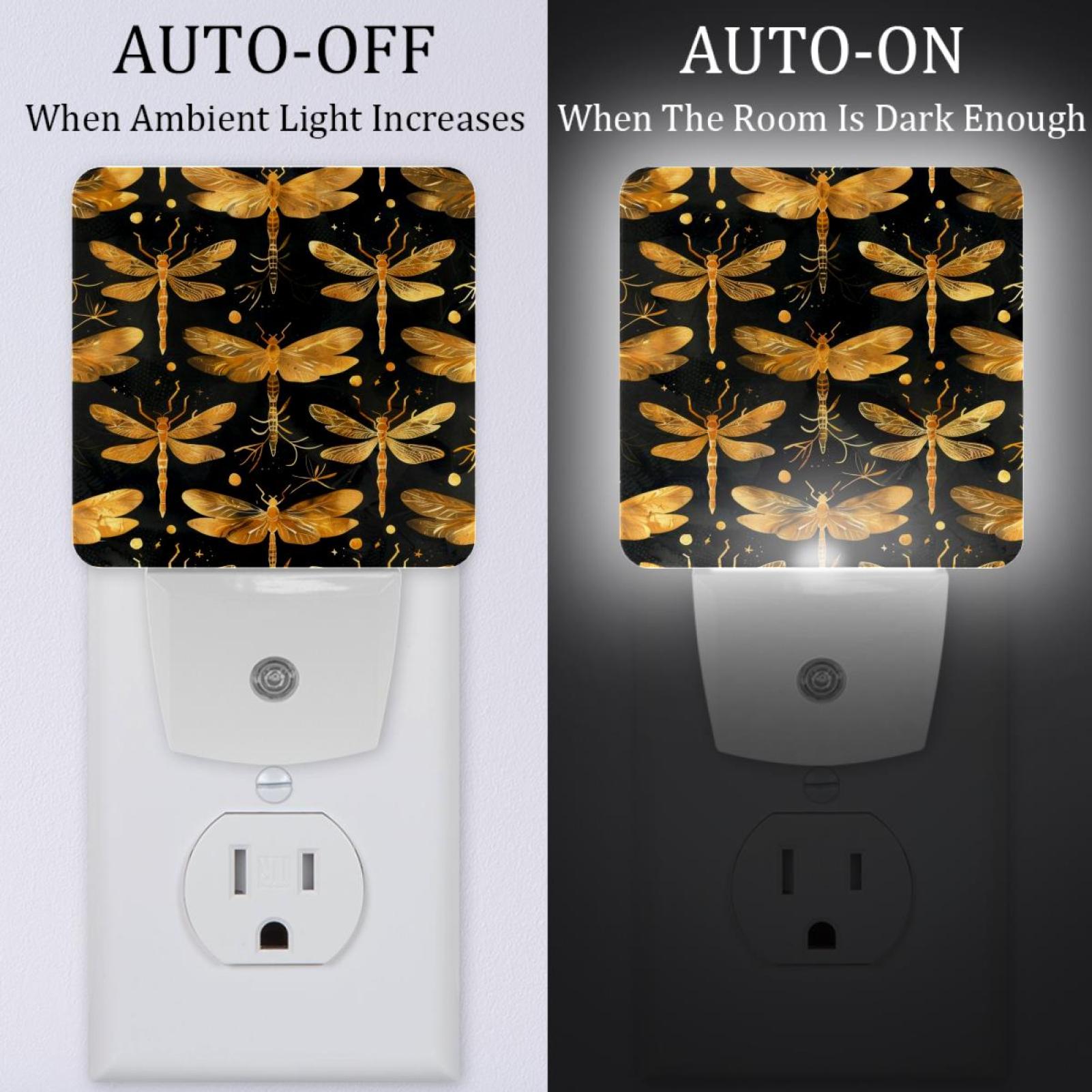 PhooArto Golden Dragonfly Pattern Plug in LED Night Light Auto Sensor Dusk to Dawn Decorative Night for Bedroom, Bathroom, Kitchen, Hallway, Stairs, Baby's Room, Energy Saving