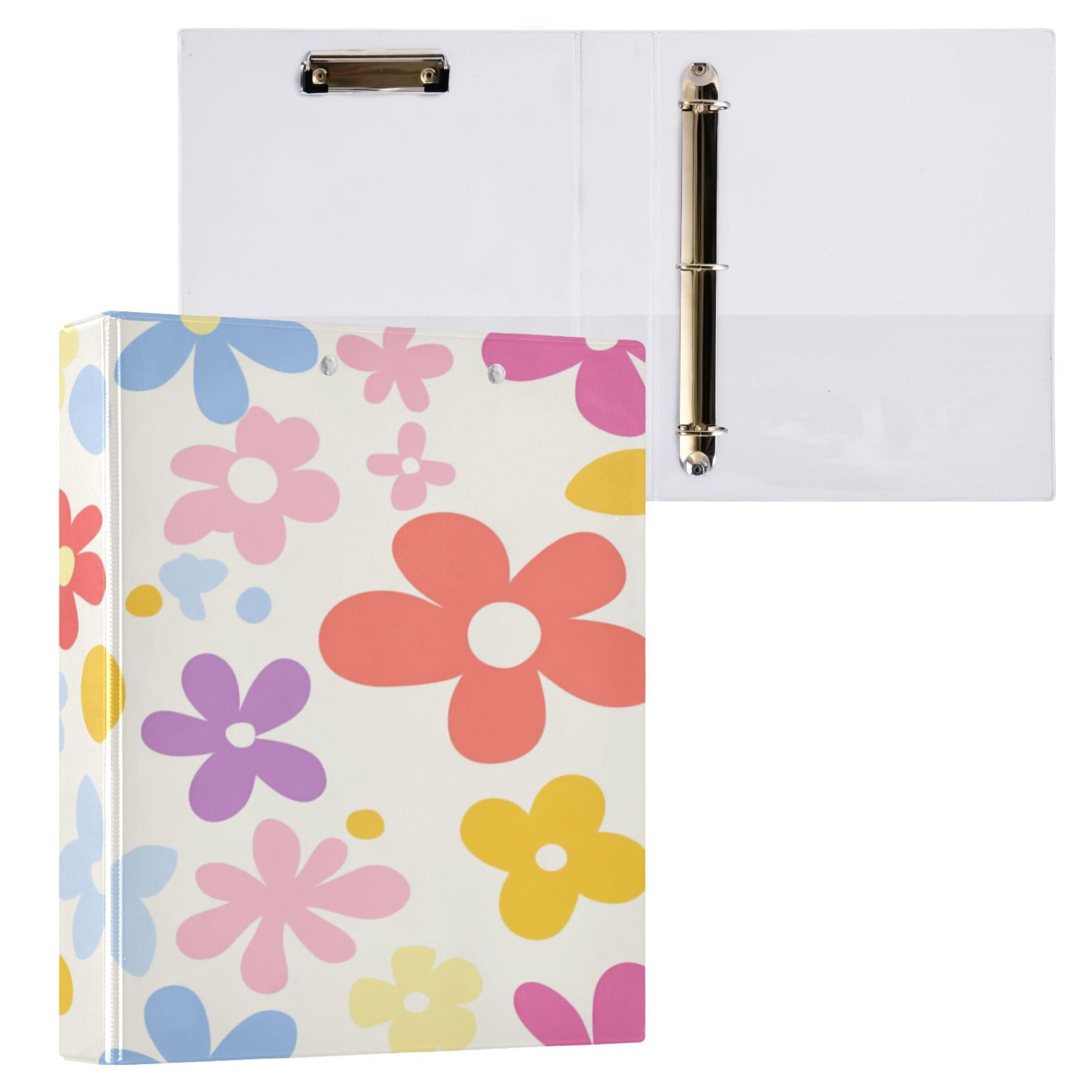 Colorful Cute Flowers Patte 12.4x10.6in PVC Round Ring Binder, D-Ring 3-Hole, Metal Clip, 200 Sheets