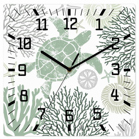Sage Green Coastal Turtle Wooden Wall Clock Silent Non Ticking, Ocean Coral Nautical Square Wall Clocks Battery Operated, Decor Clock for Home Office, Living Room, Kitchen, 12 Inch