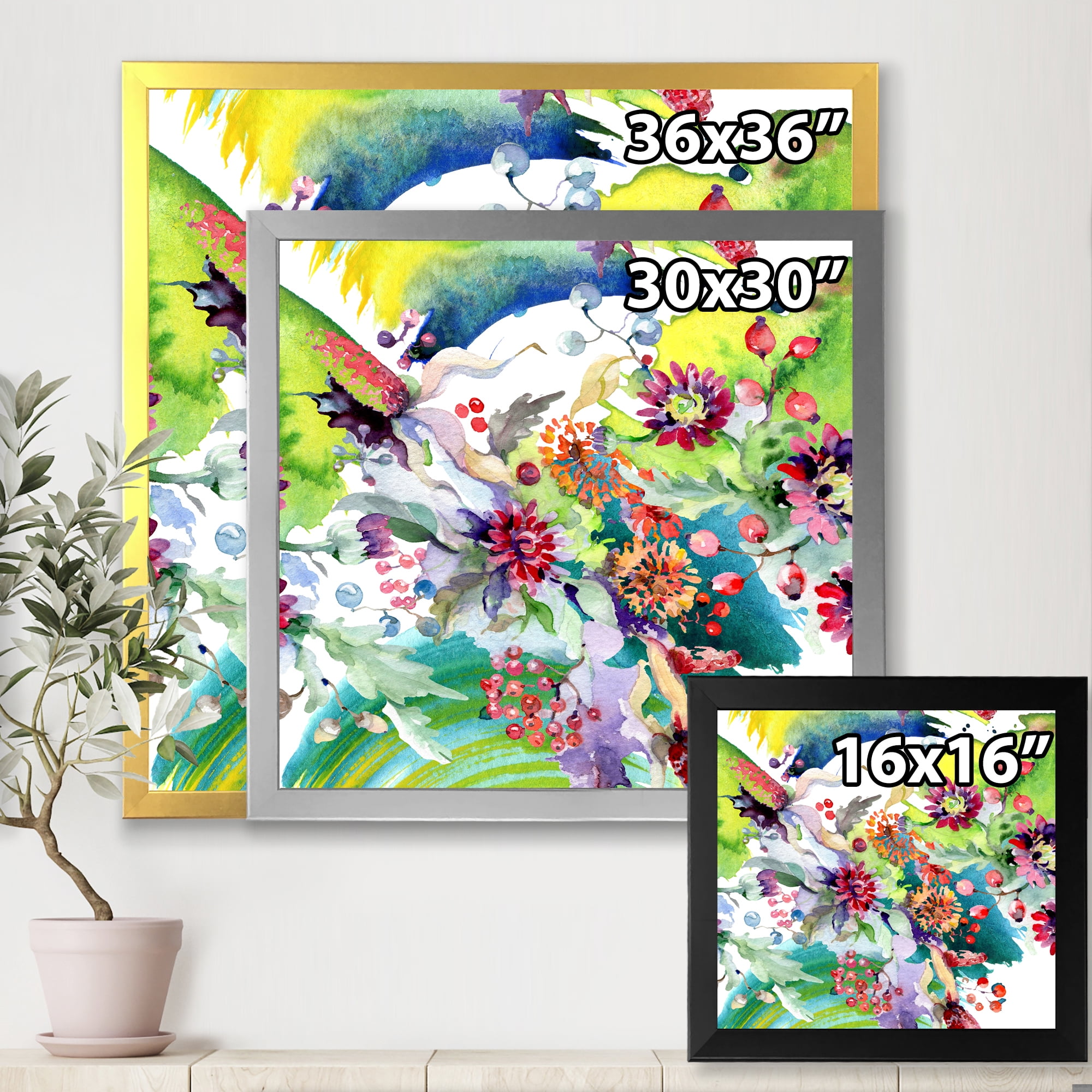 Wildflowers and Vibrant Wild Spring Leaves X 30 in x 30 in Framed Painting Canvas Art Print, by Designart