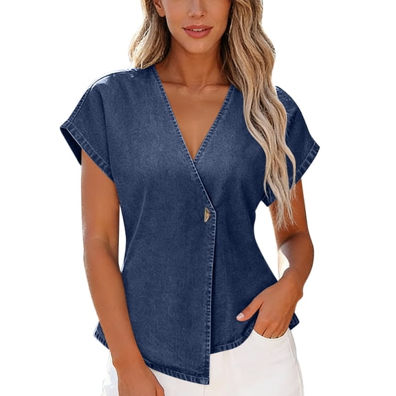 Asymmetric Button V-Neck Dolman Sleeve Denim Casual Top for Women Solid Color Spring Summer Blouse for Daily Wear S-XXL