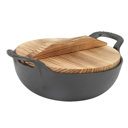 YAHHU Cast Iron Wok with Wooden Lid 7.9 inches / 20 cm Uncoated Stir Fry Pan with Flat Base
