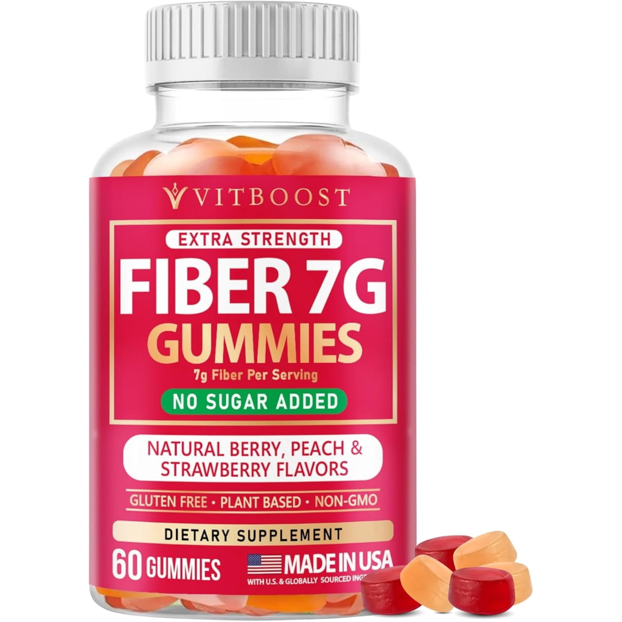 VITBOOST Prebiotic Fiber Gummies 7g – 60 Count – No Sugar Added, Vegan, Pectin-Based (No Gelatin), Non-GMO, Made in USA – Digestive & Gut Health Support