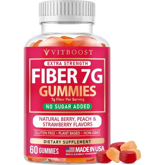 VITBOOST Prebiotic Fiber Gummies 7g – 60 Count – No Sugar Added, Vegan, Pectin-Based (No Gelatin), Non-GMO, Made in USA – Digestive & Gut Health Support
