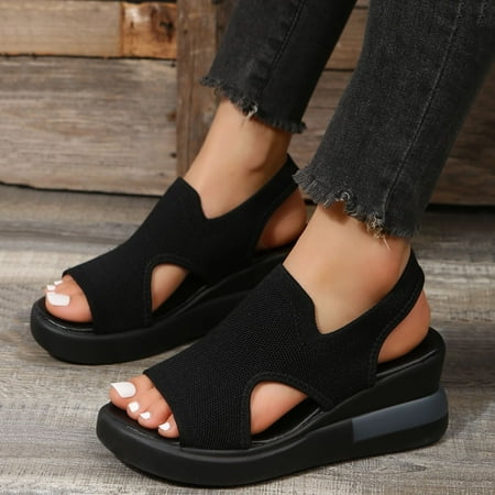 

XIAQUJ Ladies Fashion Summer Solid Color Breathable Knitted Mesh Thick Wedge Heel Sandals Sandals for Women Black 7.5(39)