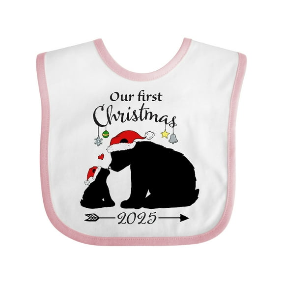 Inktastic Our First Christmas Bears in Santa Hats with Ornaments 2025 Boys or Girls Baby Bib