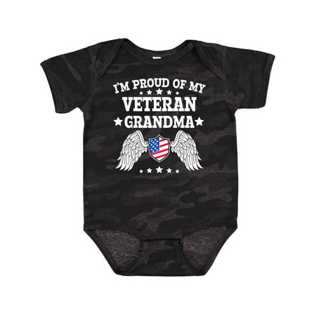 

Inktastic I m Proud of My Veteran Grandma with Shield American Flag and Angel Wings Gift Baby Boy or Baby Girl Bodysuit
