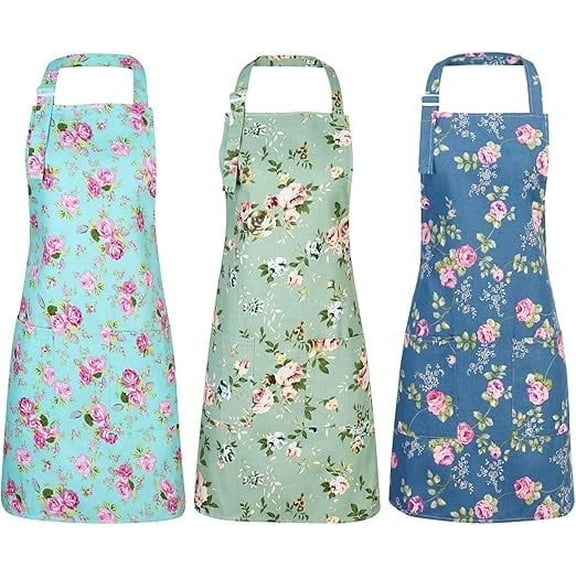 3 Pack Floral Aprons for Women, Adjustable Kitchen Aprons with 2 Pockets Vintage Cute Rose Floral Apron Chef Bakers Apron for Cooking Baking Gardening Apron Gift for Mom Wife Sister Grandma
