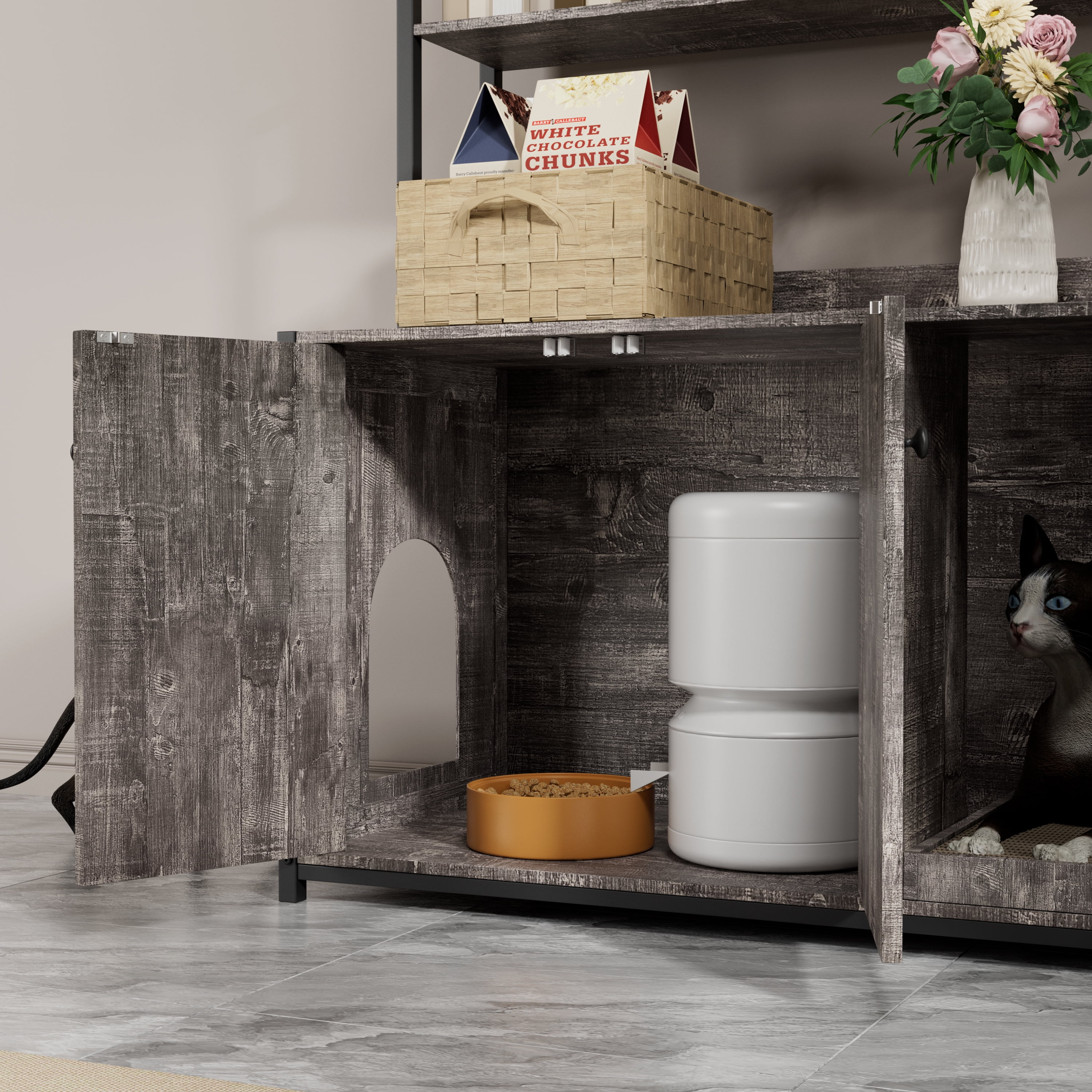 ZephyPaws Litter Box Enclosure with 3 Shelves and Doors,Large Wood Cat Litter Box Furniture Hidden with Storage,Fit Most of Litter Box,Grey