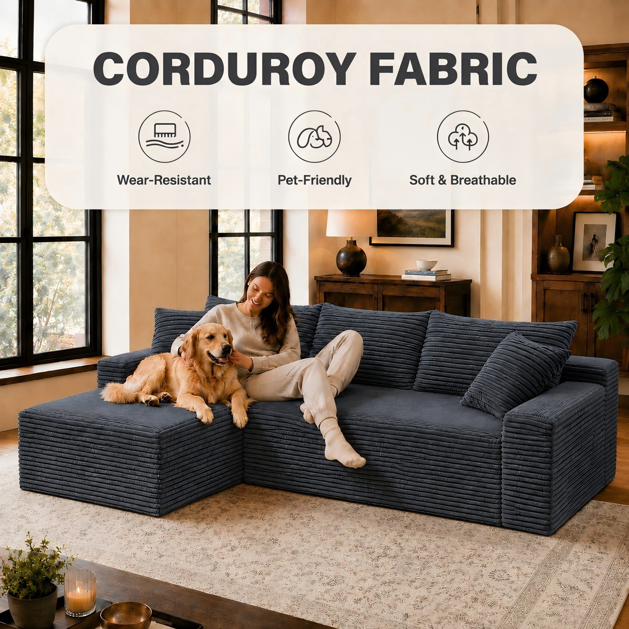Aukfa 107" Cloud Modular Sectional Couch with Left-Facing Chaise, Corduroy Deep Seat Boneless Sofa for Living Room, Apartment, Gray