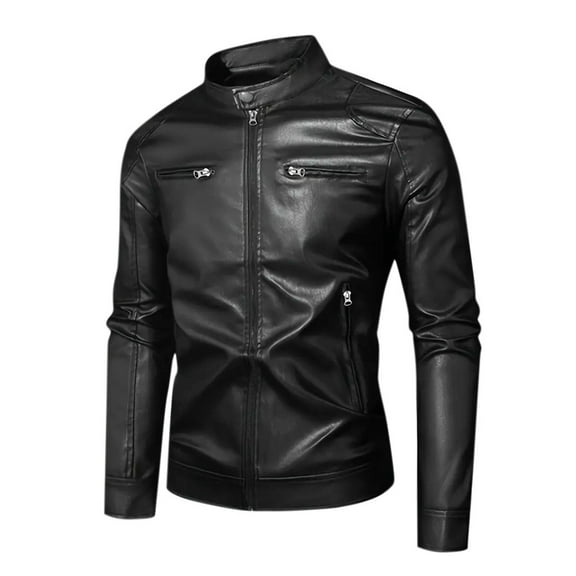 IYTR Mens Slim Leather Jackets Long Sleeve Zip Up Stand Collar Motorcycle Jacket Fashion Leather Coats with Pockets (Black,XL)