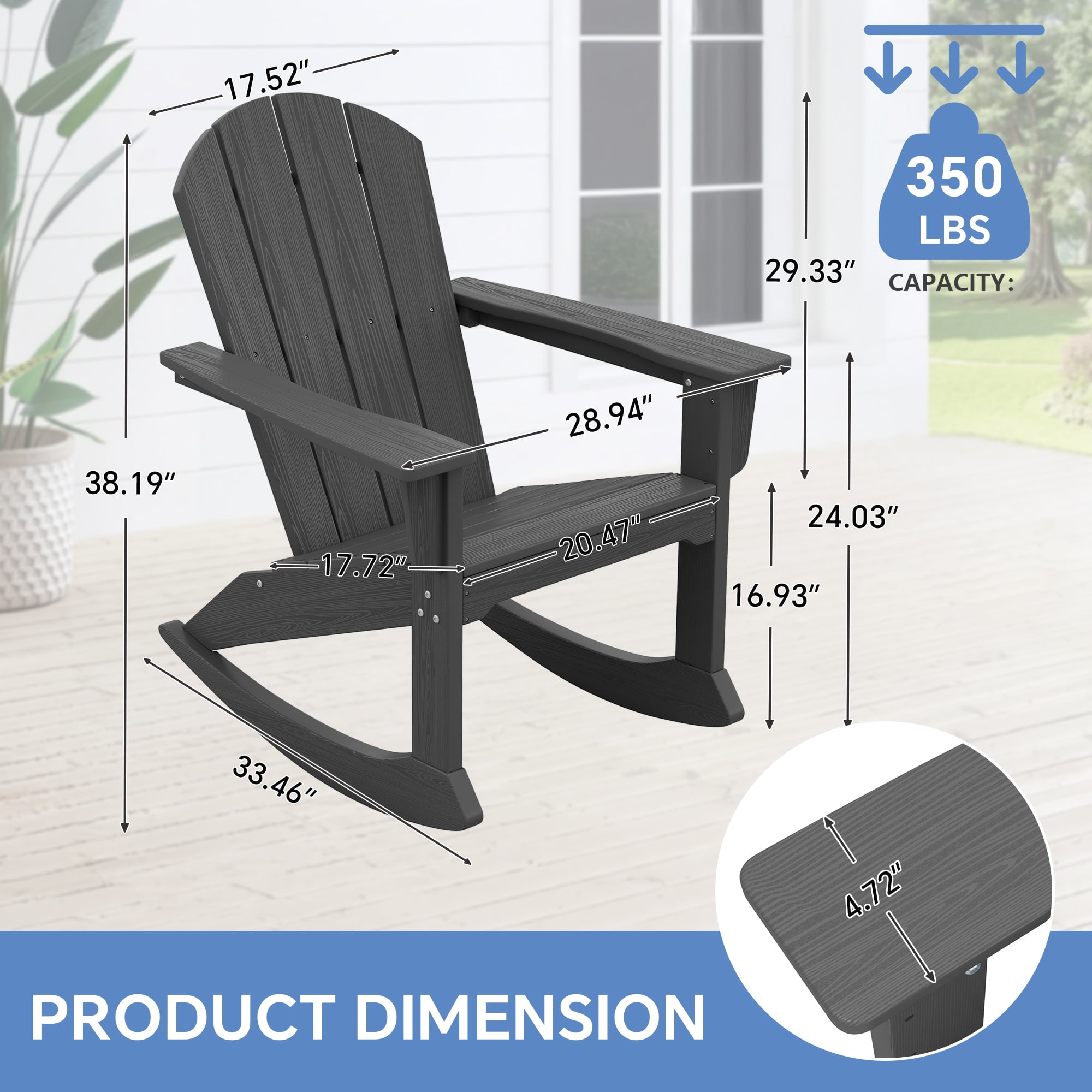 SERWALL Rocking Adirondack Chair, HDPE Outdoor Rocking Chair, All Weather Porch Rocking Chair for Patio, Gray
