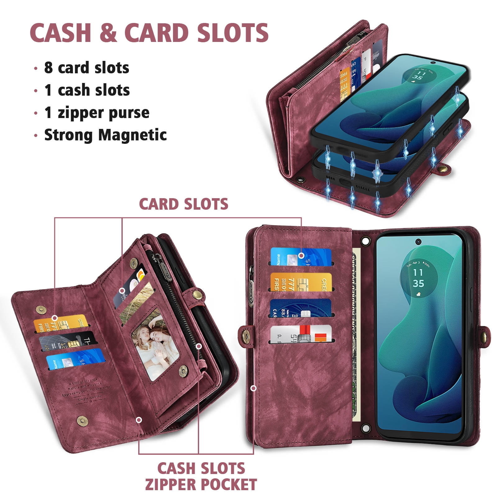 Asuwish Compatible with Motorola Moto G 5G 2024 Phone Case Zipper Wallet Detachable Tempered Glass Screen Protector Crossbody Lanyard Strap Flip Card Holder Cell Cover for G5G 5 G G5 Women Girls Red