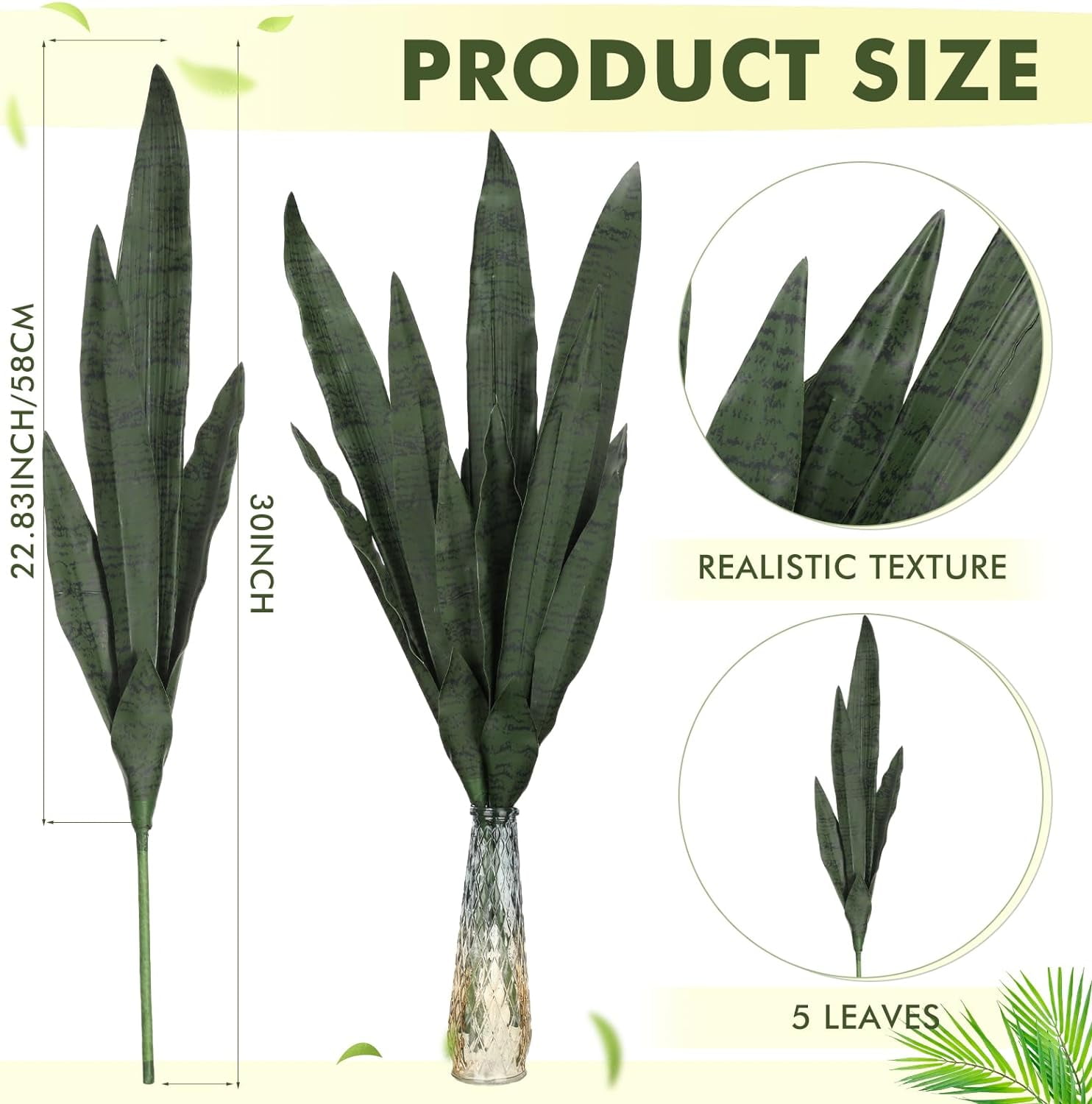 Faux Snake Plant 30 Inch Artificial Snake Plant Tall Faux Agave Plant Fake Sansevieria for Outdoor Indoor Home Office Succulents Greenery Store Decoration (Light Green, 8)