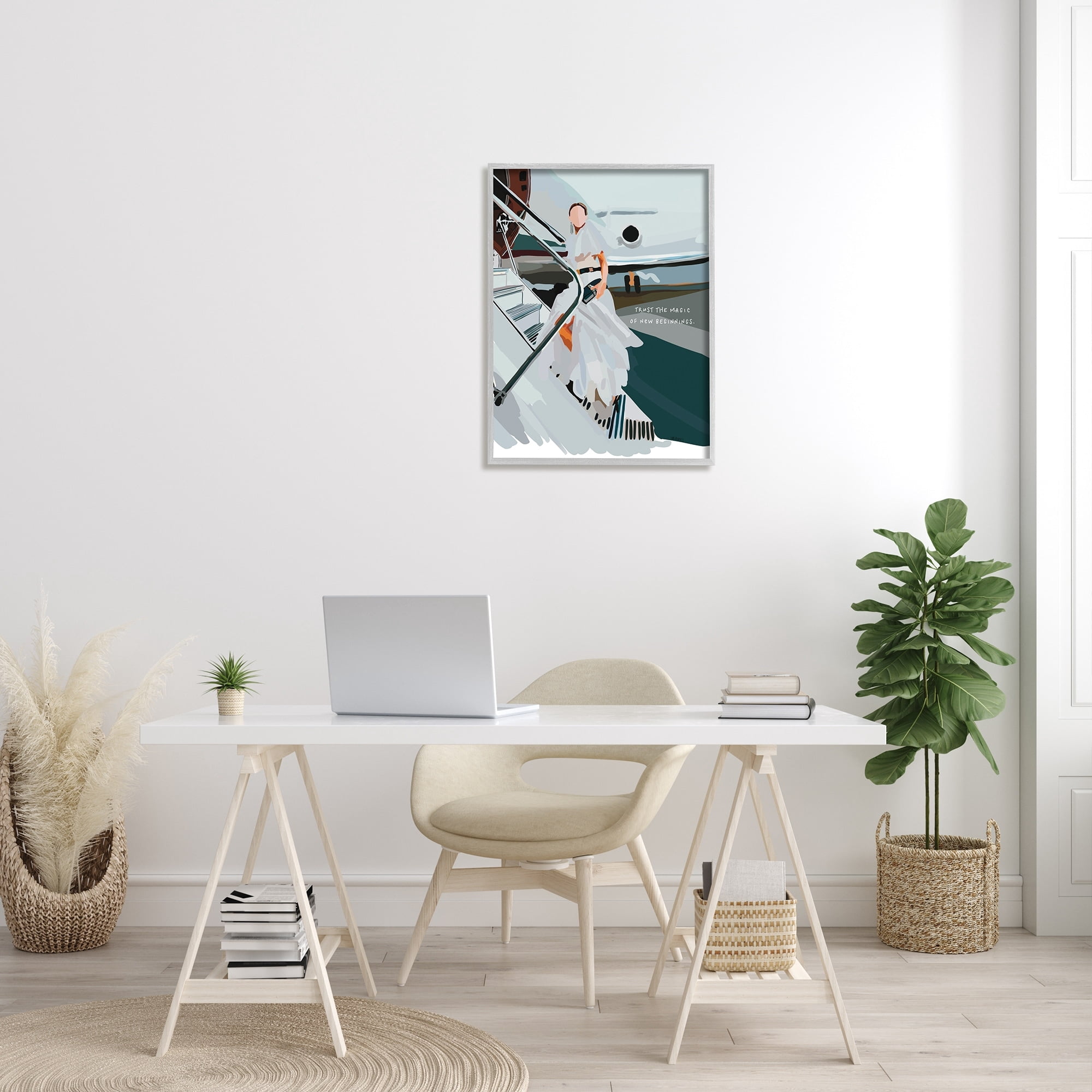 Stupell Industries Magic of New Beginnings Uplifting Woman Boarding Airplane Graphic Art Gray Framed Art Print Wall Art, Design by Amelia Noyes