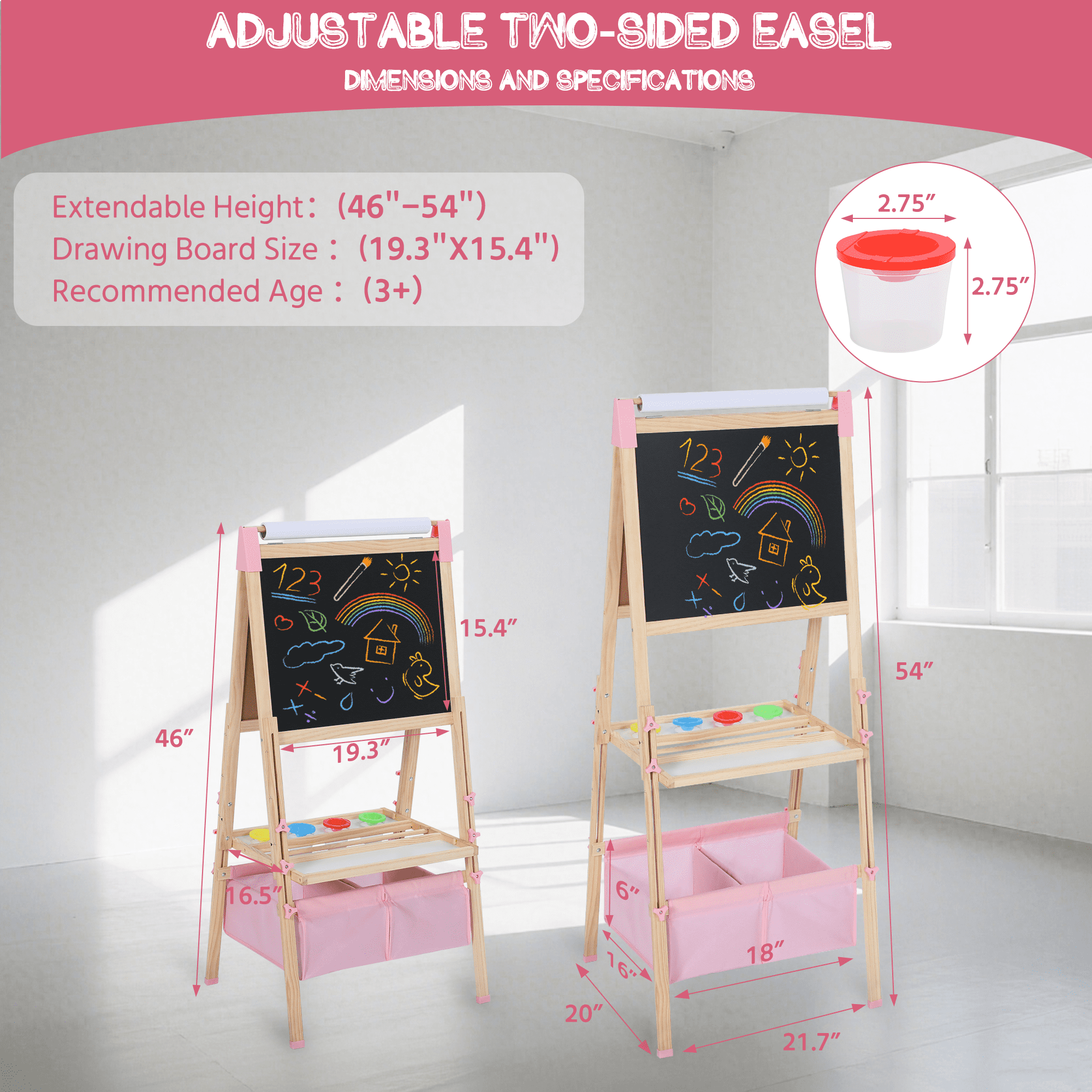 AILEEKISS Kids Art Easel Double-Sided Art Easel with Whiteboard and Chalkboard for Painting, Pink