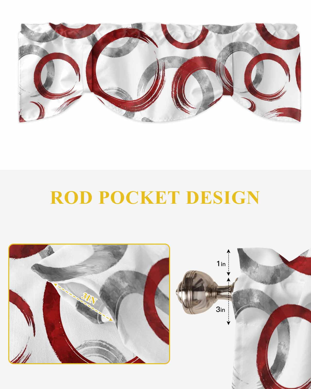 Vintage Red Gray Circle Lines Tie Up Valances Curtain, Adjustable Kitchen Abstract Art White Background Valances for Windows Decor, Rod Pocket Short Curtains Set for Bedroom/Bathroom, 54"x18"