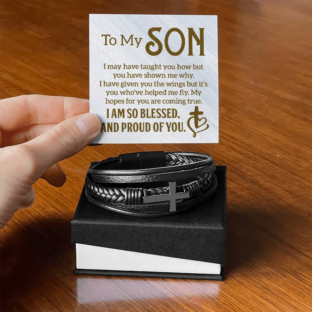 To My Son I Am So Blessed Men's Stainless Steel & Vegan Leather Cross Bracelet - Vegan Leather with Stainless Steel