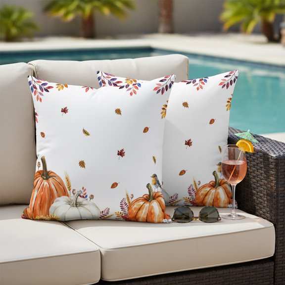 Fall Pumpkin Outdoor Pillow Covers 16x16 Inch Throw Pillow Covers Set of 2 Waterproof Decorative Pillow Cases Thanksgiving Orange White Autumn Leaves Cushion Covers for Patio Furniture Garden Couch