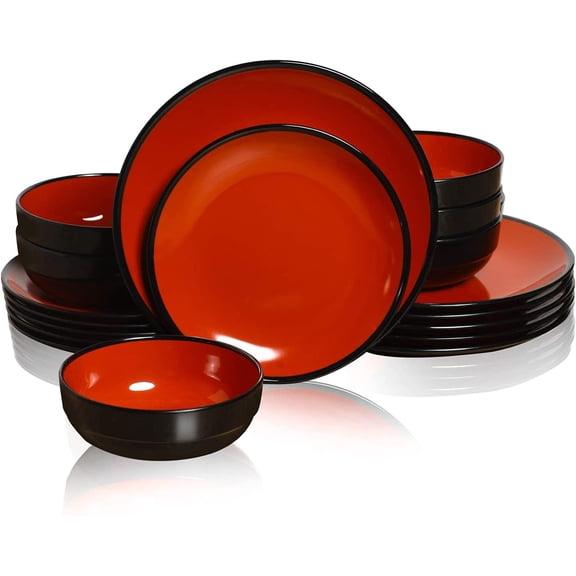 18-Piece Dinnerware Set, Melamine Dishes Set with Bowls and Plates, Service for 6, Non-breakable Lightweight Dining Tableware, Black and Red